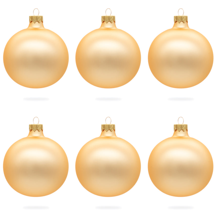 Glass Set of 6 Rose Gold Glass Ball Ornaments 3.25 Inches in Beige color Round