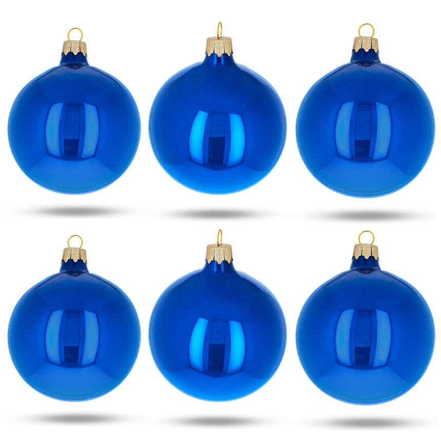 Glass Set of 6 Glossy Blue Glass Ball Christmas Ornaments 3.25 Inches in Blue color Round