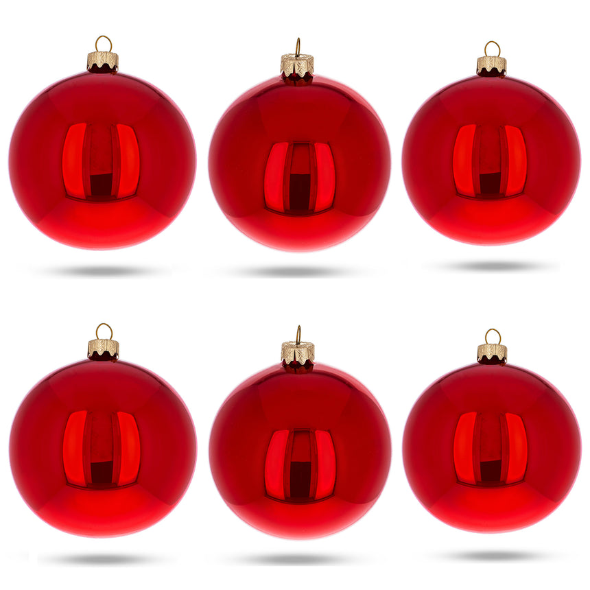 Glass Set of 6 Red Glossy Glass Ball Christmas Ornaments 3.25 Inches in Red color Round