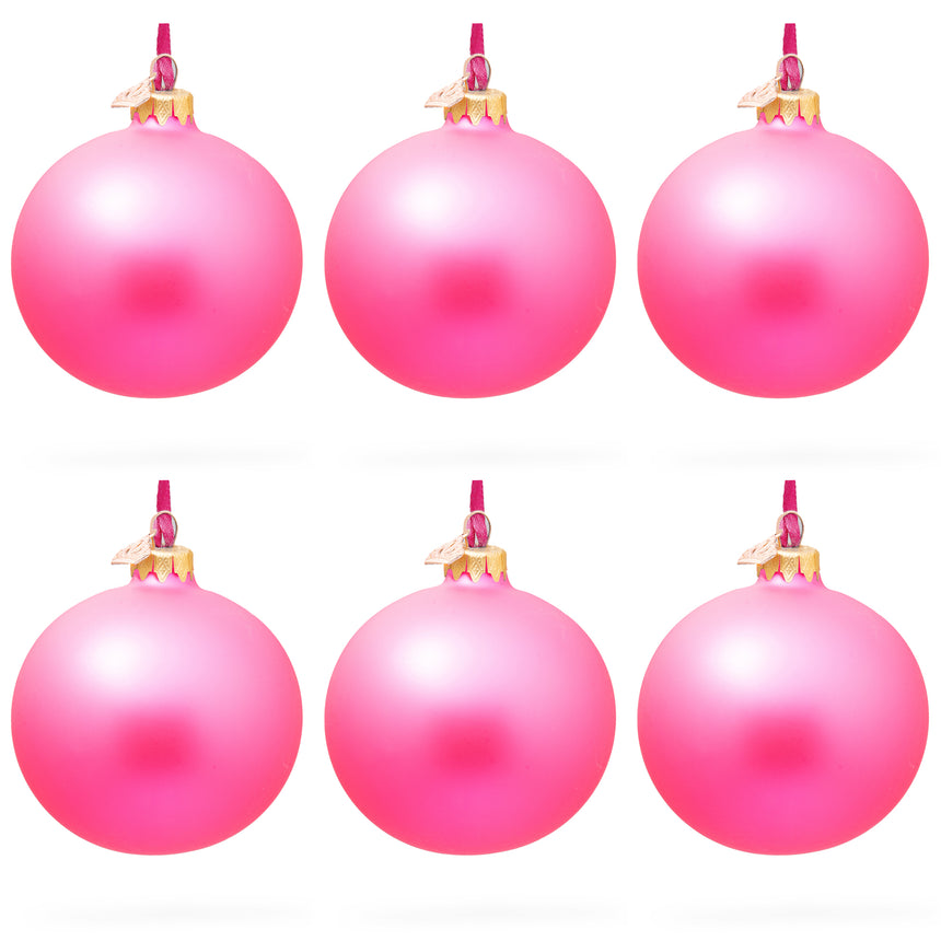 Glass Set of 6 Solid Pink Glass Ball Christmas Ornaments 3.25 Inches in Pink color Round