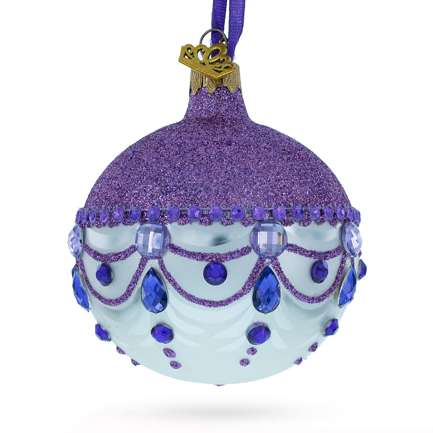 Glass Glittered Purple Top Glass Ball Christmas Ornament 3.25 Inches in Purple color Round