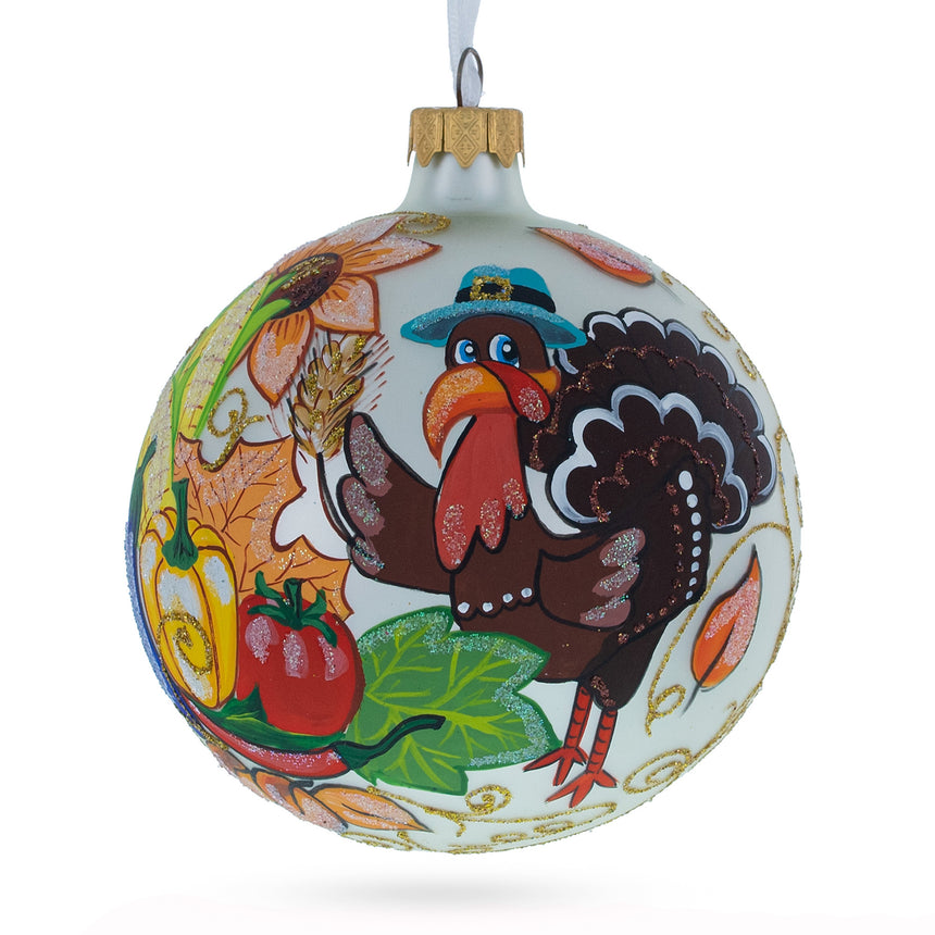 Glass Turkey in Hat Thanksgiving Blown Glass Ball Christmas Ornaments 4 Inches in Multi color Round