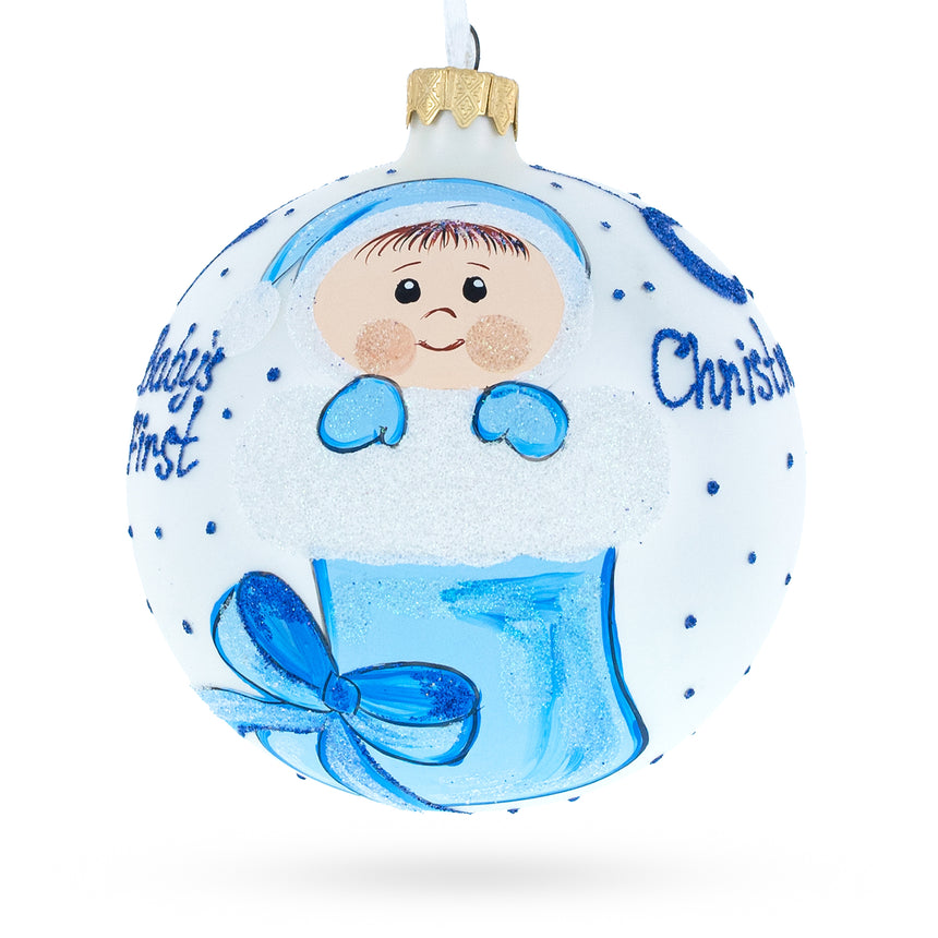 Glass Boy Snuggled in a Christmas Stocking  Baby's First Christmas Ball Ornament 4 Inches in White color Round