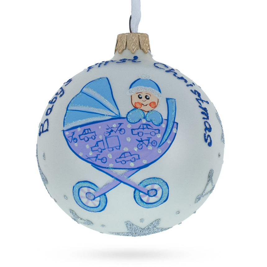 Glass Cherubic Boy in Cozy Stroller Blown Glass Ball Baby's First Christmas Ornament 3.25 Inches in White color Round