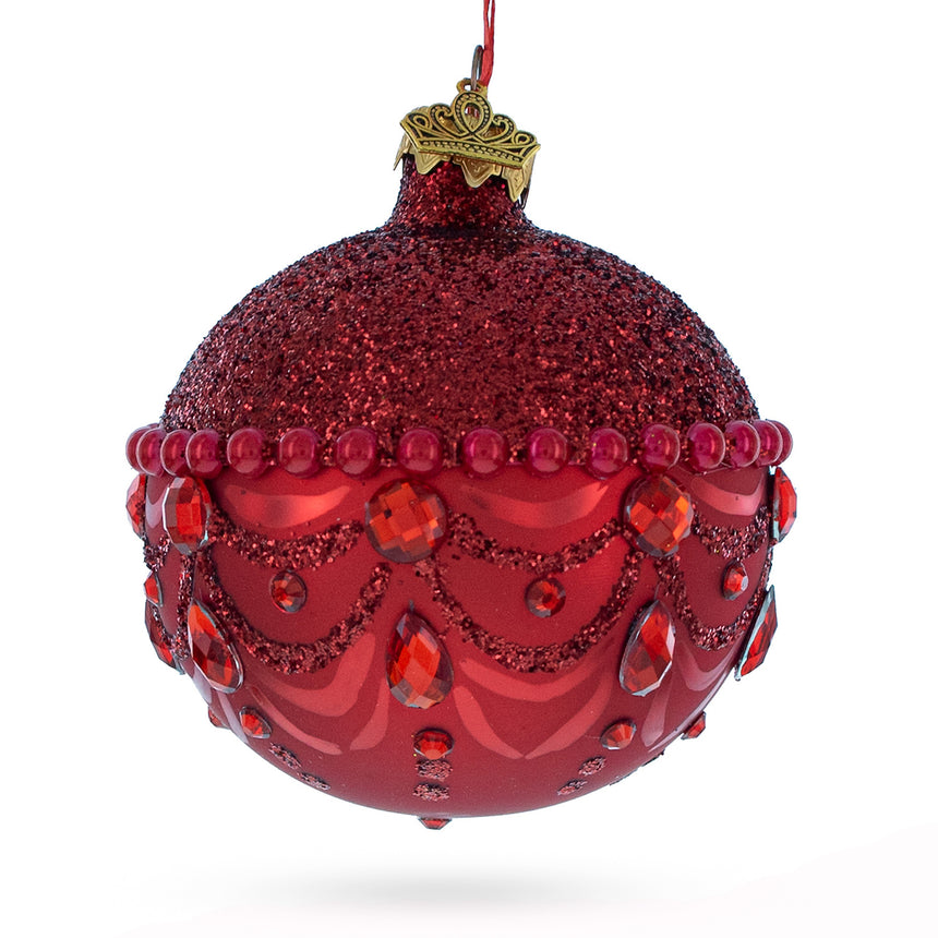 Glass Bejeweled Chandelier Design on Red Hand-Painted Blown Glass Ball Christmas Ornament 3.25 Inches in Red color Round