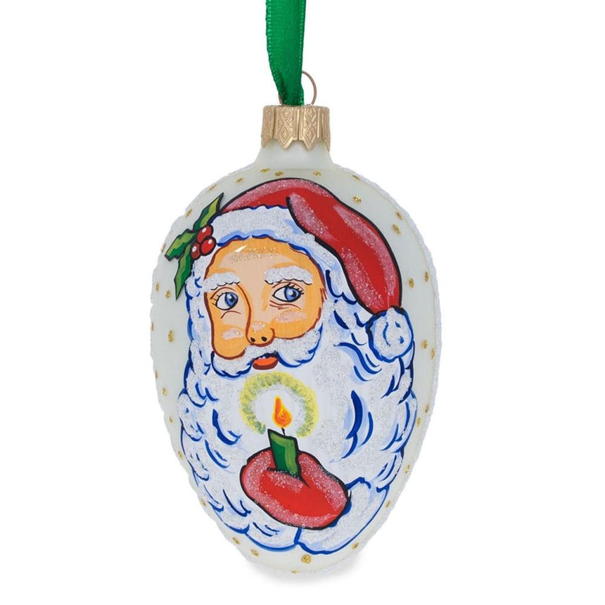 Glass Santa Holding Candle Glass Egg Ornament 4 Inches in White color Oval