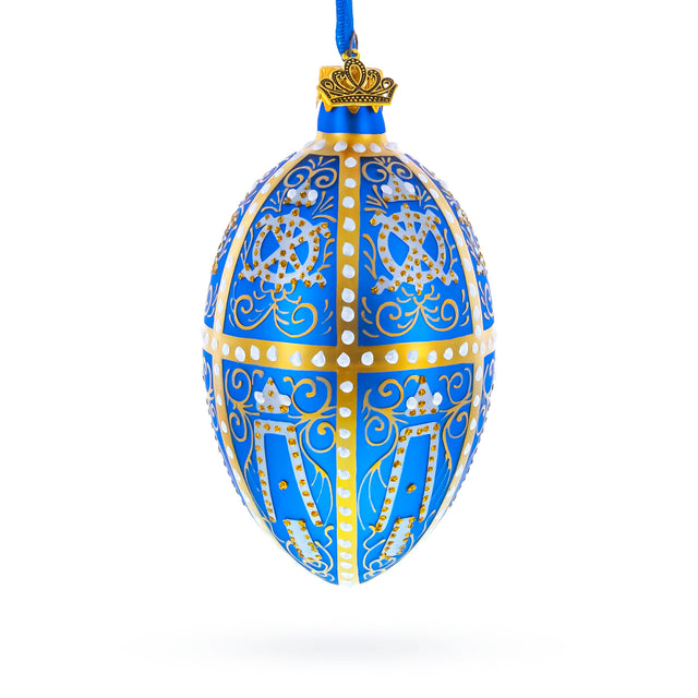 Glass 1896 Twelve Monograms Royal Glass Egg Ornament 4 Inches in Blue color Oval