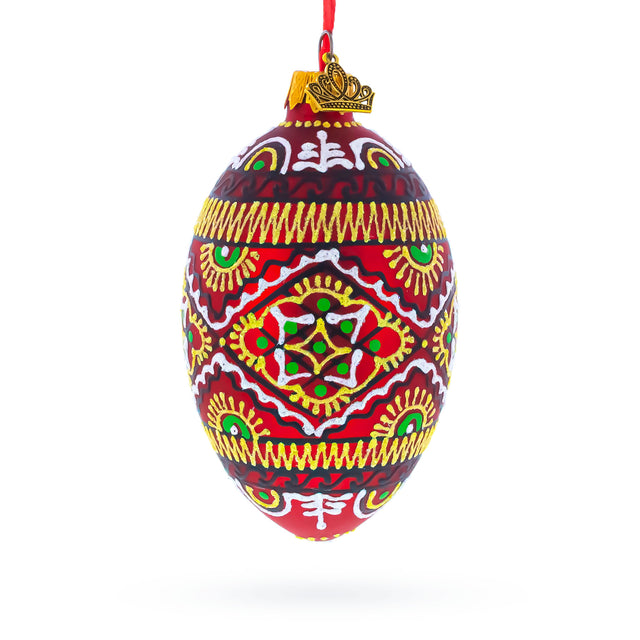 Glass Red Geometric Ukrainian Egg Glass Christmas Ornament 4 Inches in Red color Oval