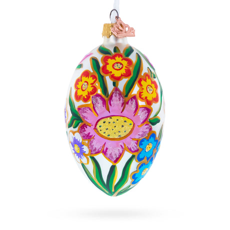 Glass Colorful Flowers Glass Egg Ornament 4 Inches in Red color Oval