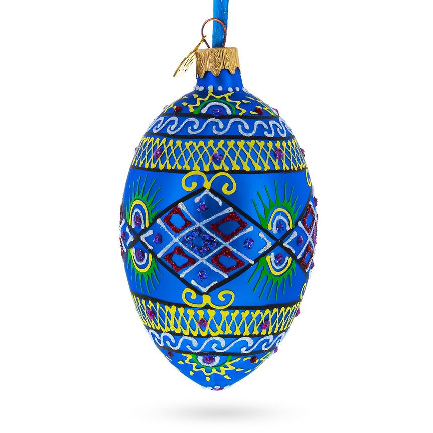 Glass Blue Geometric Ukrainian Egg Glass Christmas Ornament 4 Inches in Blue color Oval