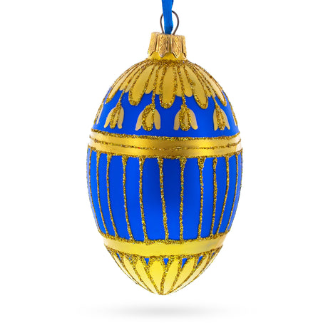 Glass 1885 Blue Enamel Ribbed Royal Egg Glass Ornament 4 Inches in Blue color Oval