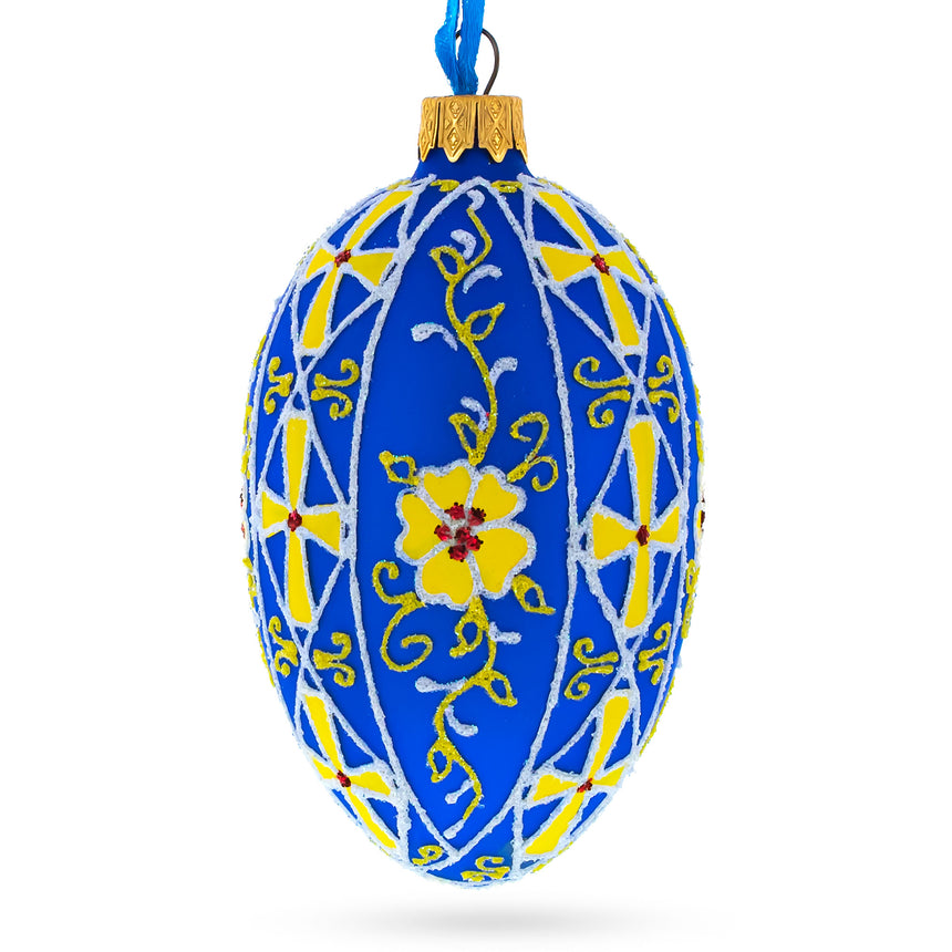 Glass Blue with Yellow Floral Design Glass Egg Ornament 4 Inches in Blue color Oval