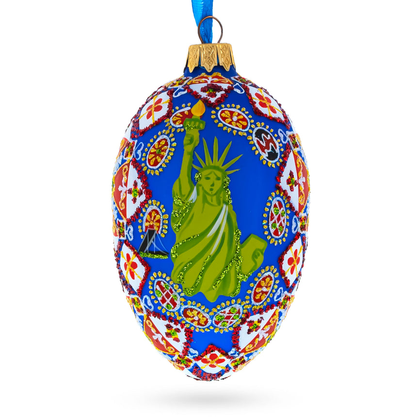 Glass Statue of Liberty Ukrainian Glass Egg Ornament 4 Inches in Blue color Oval