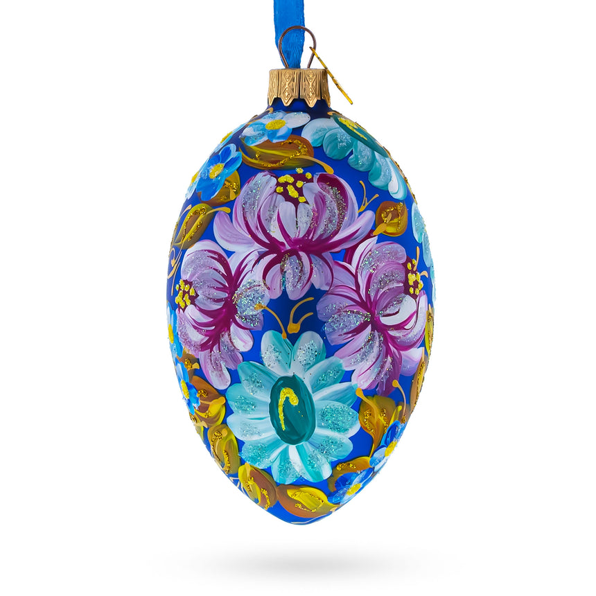 Glass Multi Color Flowers Glass Egg Ornament 4 Inches in Blue color Oval