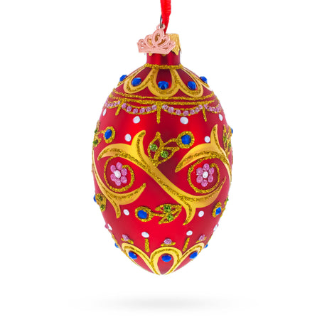 Glass Blue Jewels On Red Glass Egg Ornament 4 Inches in Red color Oval