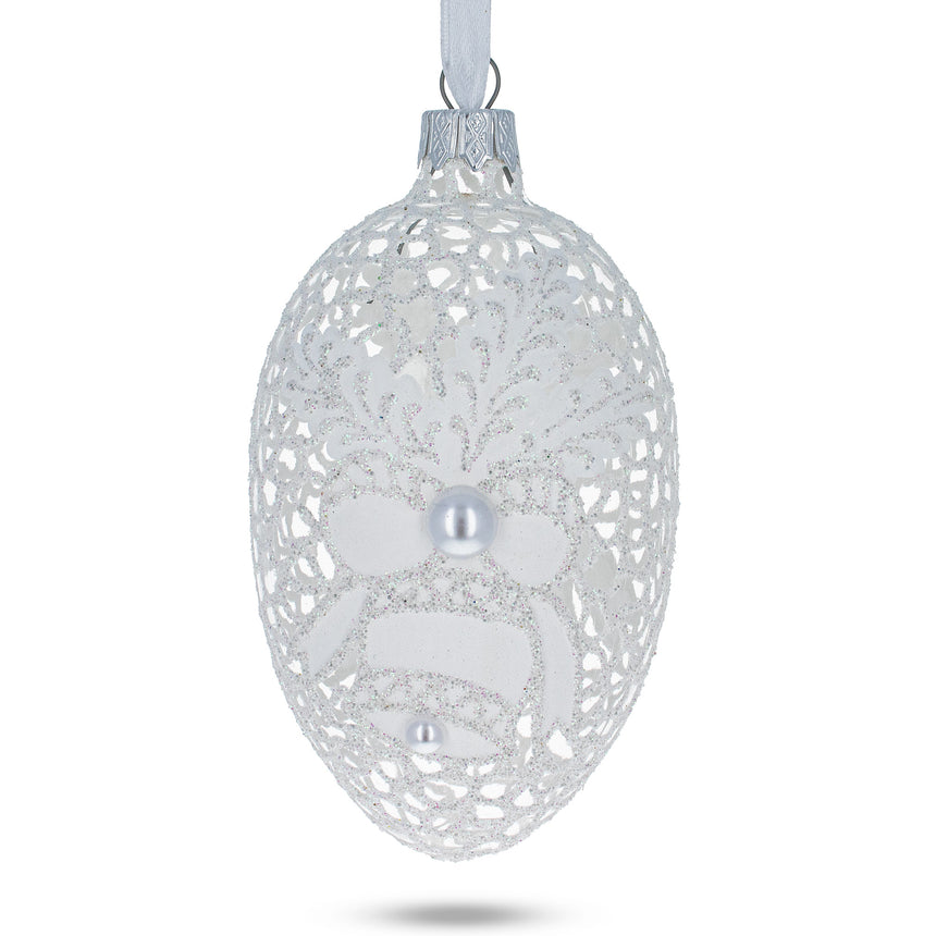 Glass Winter Bells Egg Glass Ornament 4 Inches in White color Oval