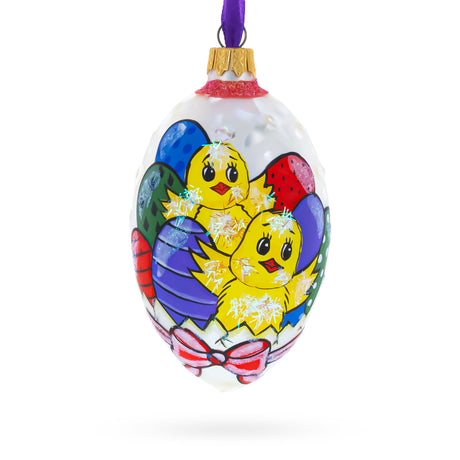 Glass Two Chicks With Easter Egg Glass Ornament 4 Inches in Yellow color Oval