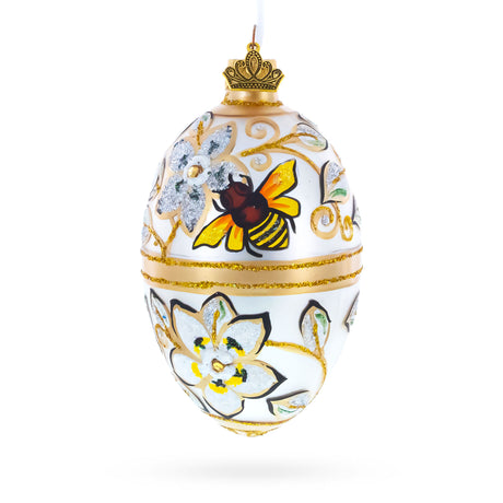 Glass Bee On Flowers Glass Egg Ornament 4 Inches in White color Oval