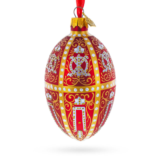 Glass 1896 Twelve Monograms in Red Royal Egg Glass Ornament 4 Inches in Red color Oval