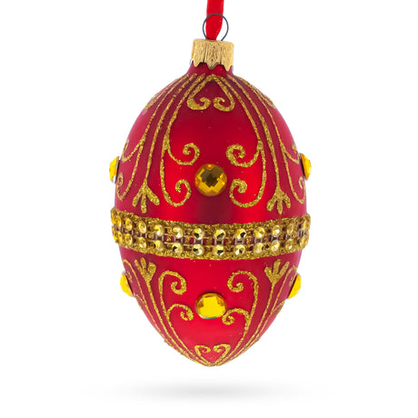 Glass Jeweled Red Glass Egg Ornament 4 Inches in Red color Oval