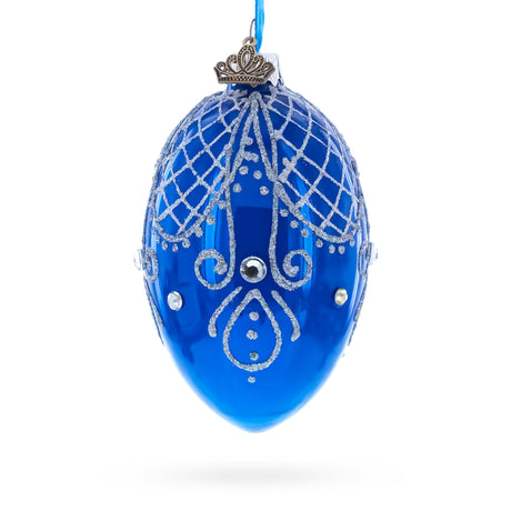 Glass Jeweled Blue Glossy Royal Inspired Glass Egg Ornament 4 Inches in Blue color Oval