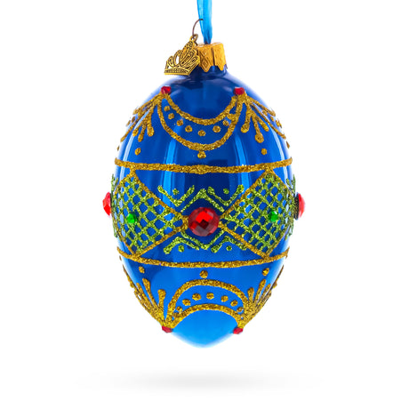 Glass Jeweled Red on Blue Glass Egg Ornament 4 Inches in Blue color Oval