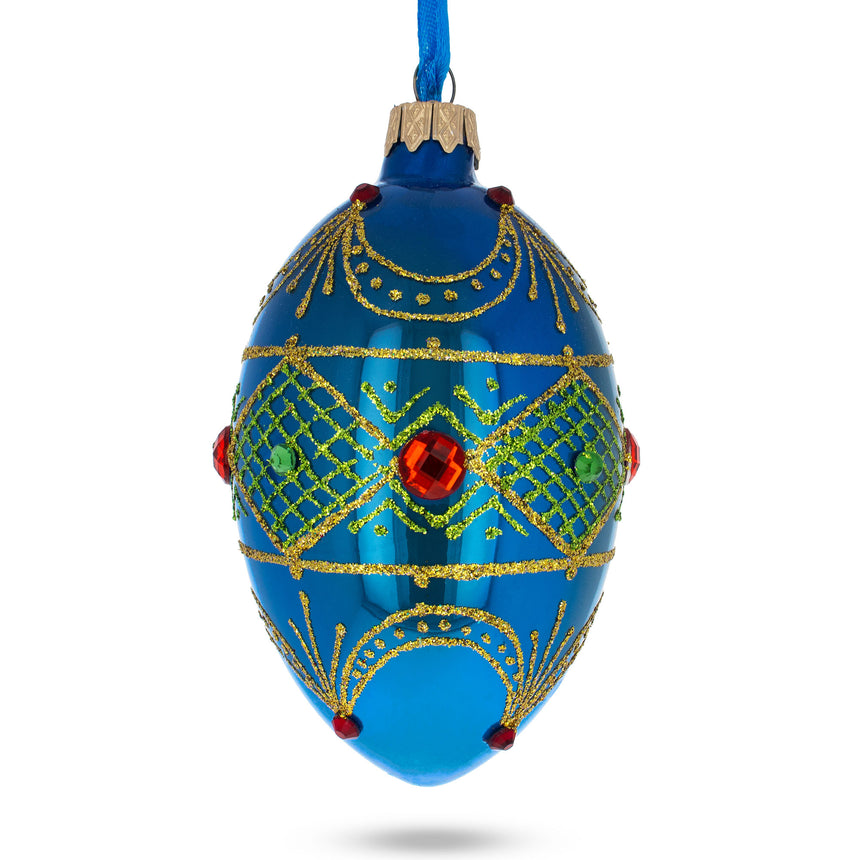 Glass Jeweled Red on Blue Glass Egg Ornament 4 Inches in Blue color Oval