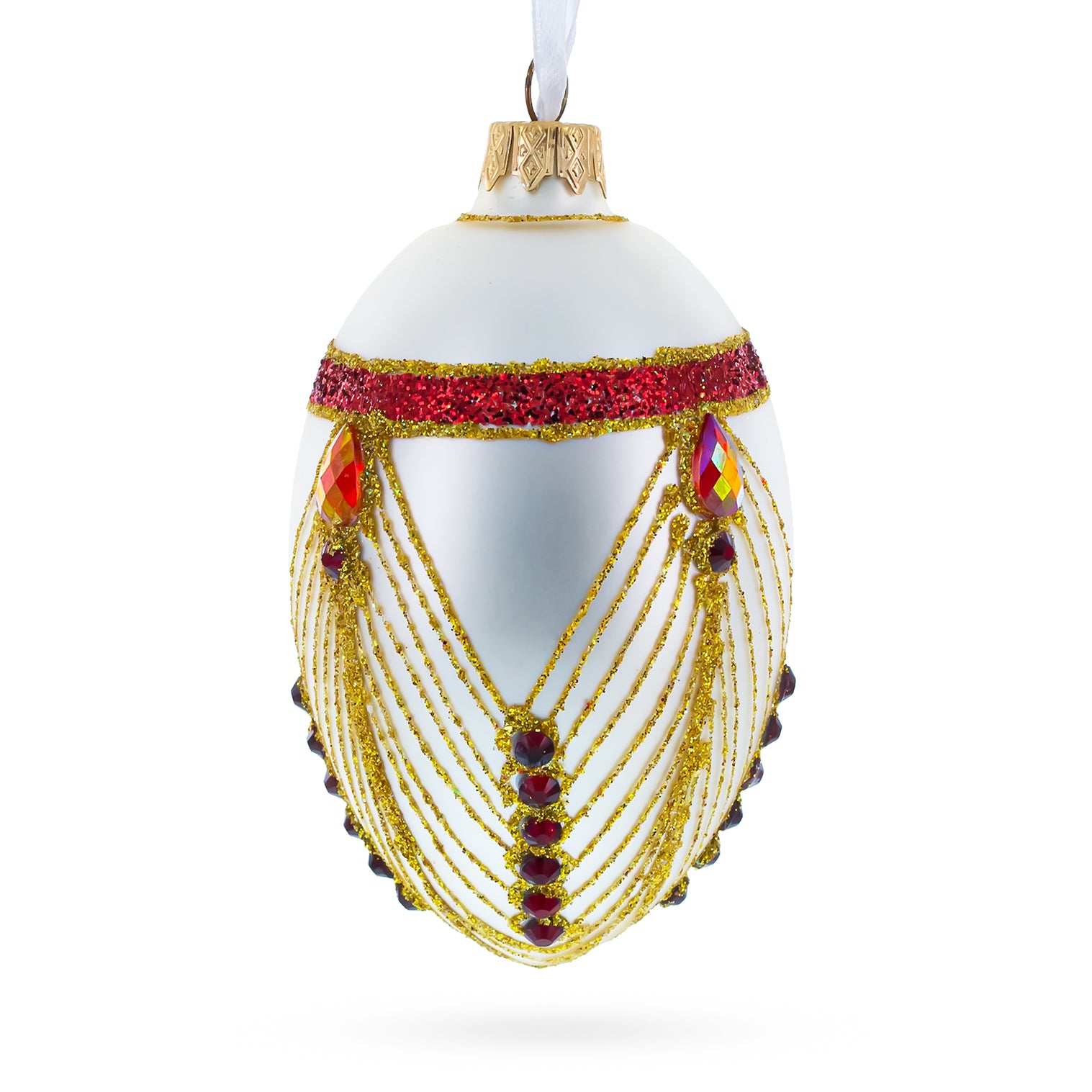 Buy Red Jewels Eccentrics on White Glass Egg Ornament 4 Inches ...