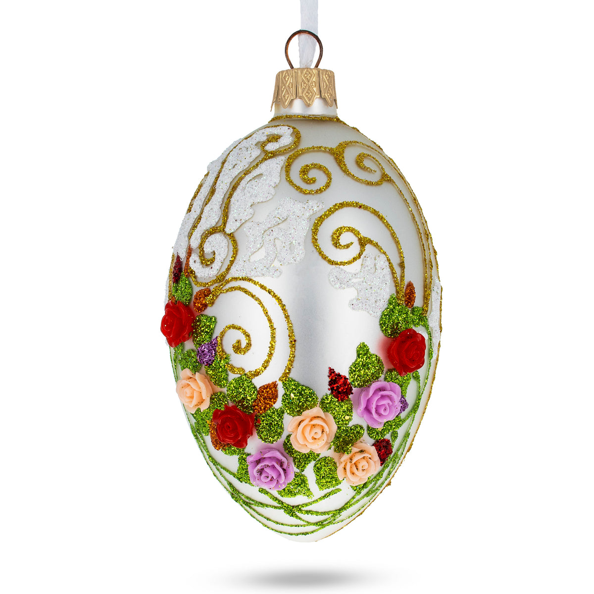 Buy 3D Flowers on White Glass Egg Ornament 4 Inches – BestPysanky