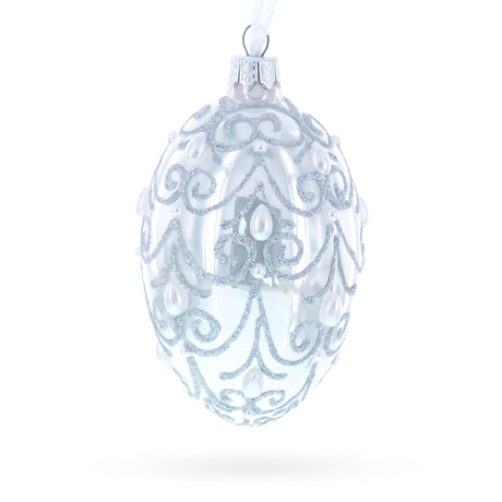 Glass Jeweled Beads on Glossy White Glass Egg Ornament 4 Inches in White color Oval