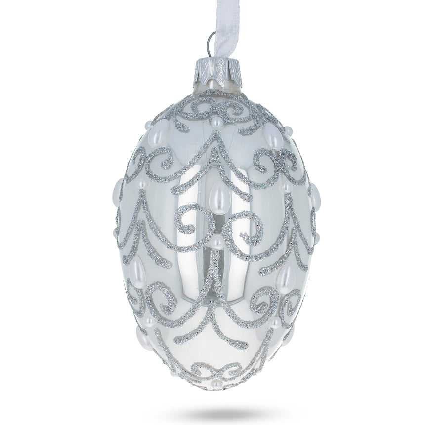 Glass Jeweled Beads on Glossy White Glass Egg Ornament 4 Inches in White color Oval