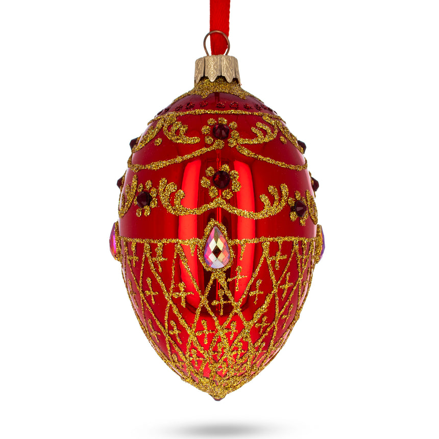 Glass Red Jewels on Glossy Red Glass Egg Ornament 4 Inches in Red color Oval