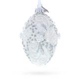 Glass 3D Flowers on Glossy White Glass Egg Ornament 4 Inches in White color Oval