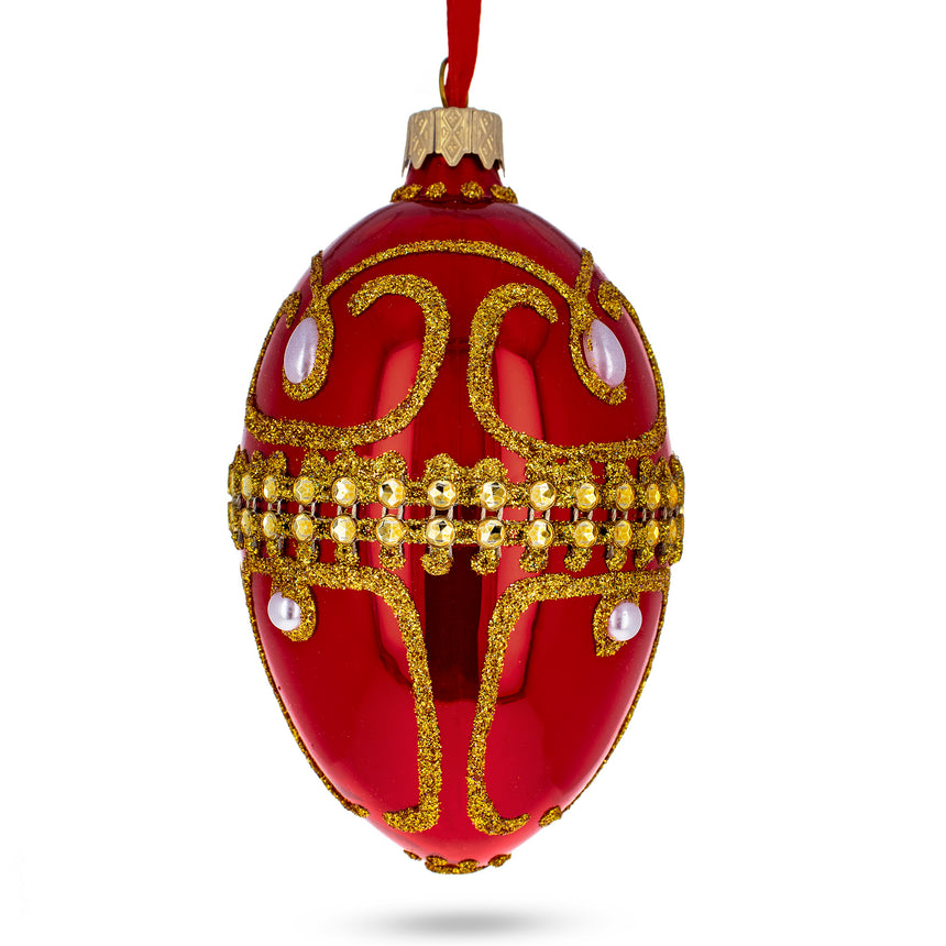 Glass Jeweled White Beads Glossy Red Glass Egg Ornament 4 Inches in Red color Oval