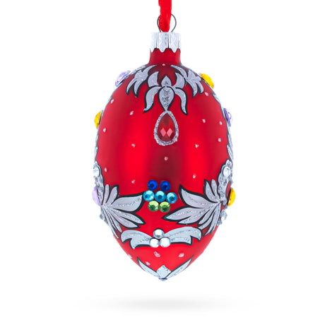 Glass Florence Designer Jeweled Pendant Necklace Glass Egg Christmas Ornament 4 Inches in Red color Oval