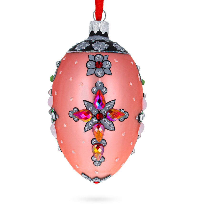 Glass Italian Fashion House Jeweled Cross Glass Egg Christmas Ornament 4 Inches in Pink color Oval