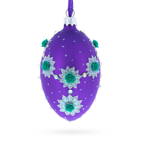 Glass Milan Designer Intricate Jeweled Flower Necklace Glass Egg Christmas Ornament 4 Inches in Purple color Oval