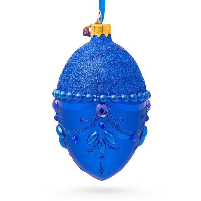 Glass Bejeweled Chandelier on Blue Glass Egg Christmas Ornament 4 Inches in Blue color Oval