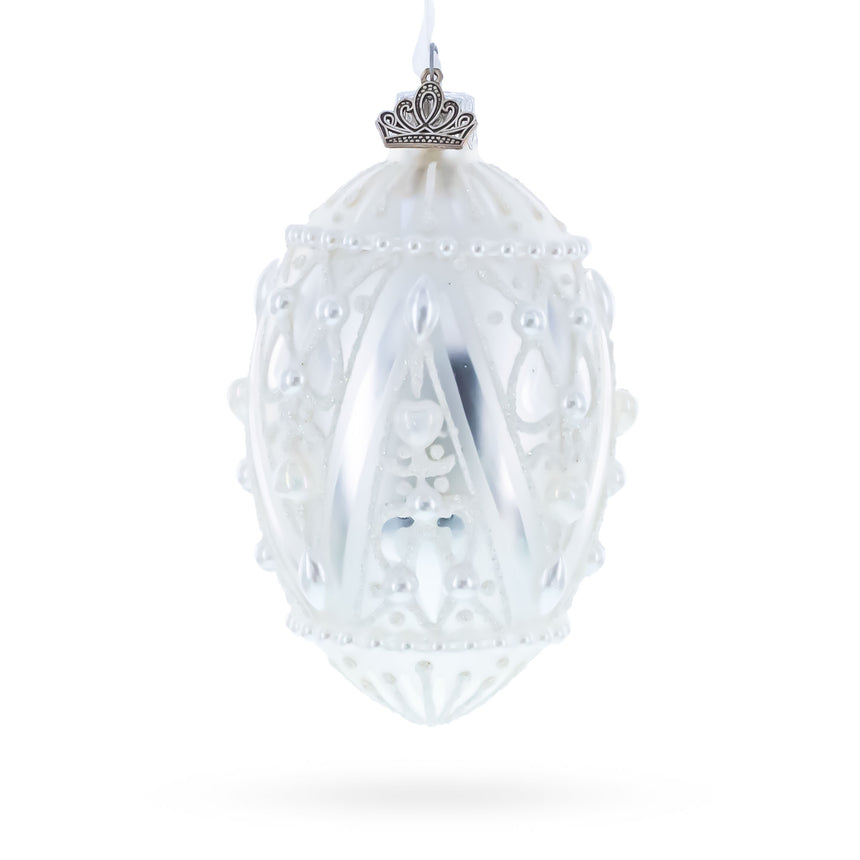 Glass Pearlized Drops on White Glass Egg Christmas Ornament 4 Inches in White color Oval