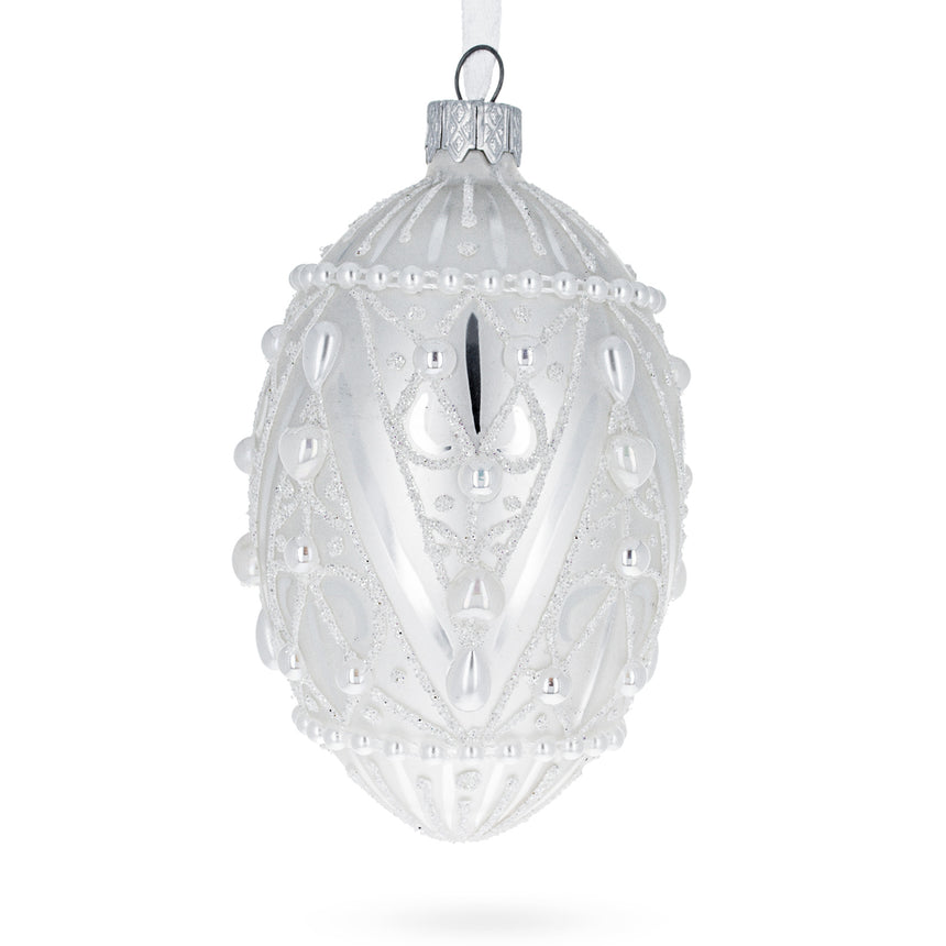 Glass Pearlized Drops on White Glass Egg Christmas Ornament 4 Inches in White color Oval