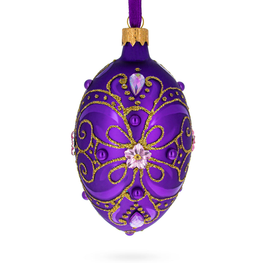 Glass Gold on Purple Glass Egg Christmas Ornament 4 Inches in Purple color Oval