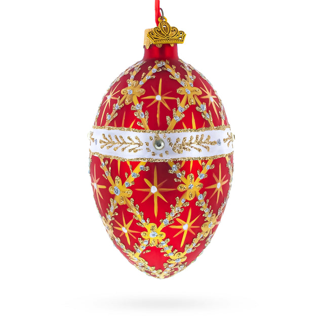 Glass Diamond Trellis on Red Glass Egg Christmas Ornament 4 Inches in Red color Oval