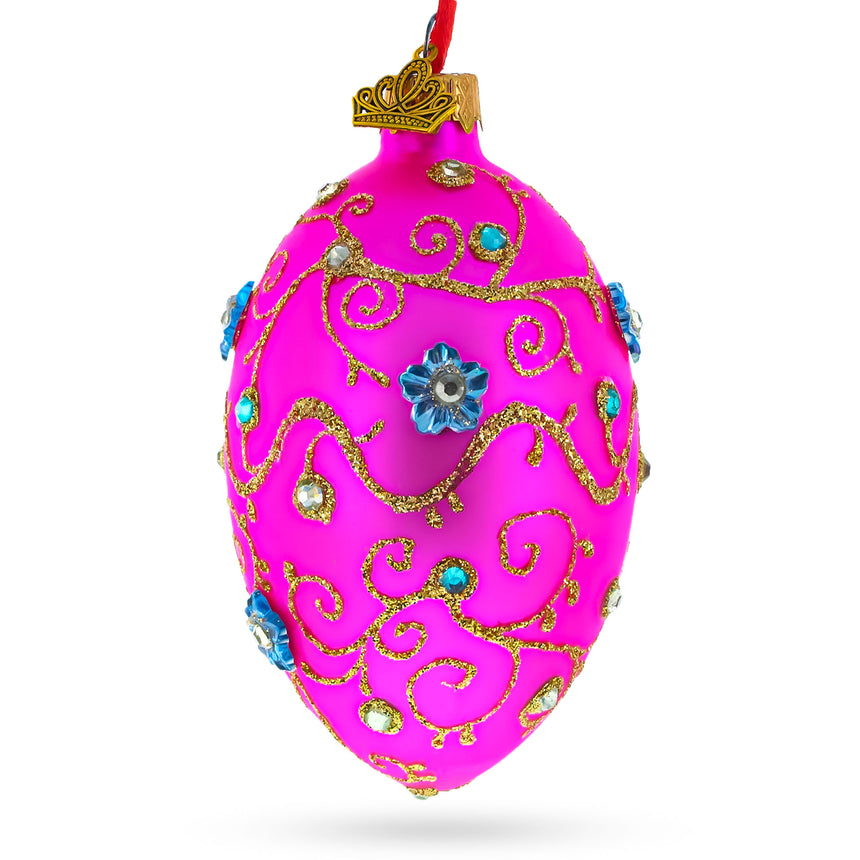 Glass Diamond Swirl Flowers Pink Glass Egg Christmas Ornament 4 Inches in Purple color Oval