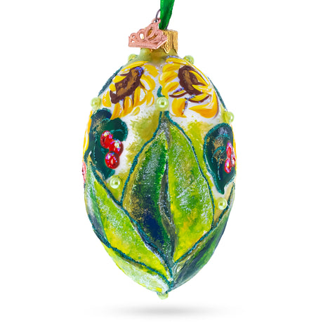 Sunflowers and Berries Glass Egg Ornament 4 InchesUkraine ,dimensions in inches: 4 x 2.4 x 2.77