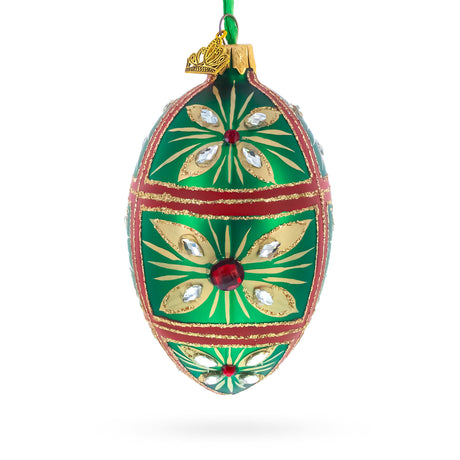 Glass Red Jewel on Green Glass Egg Ornament 4 Inches in Multi color Oval