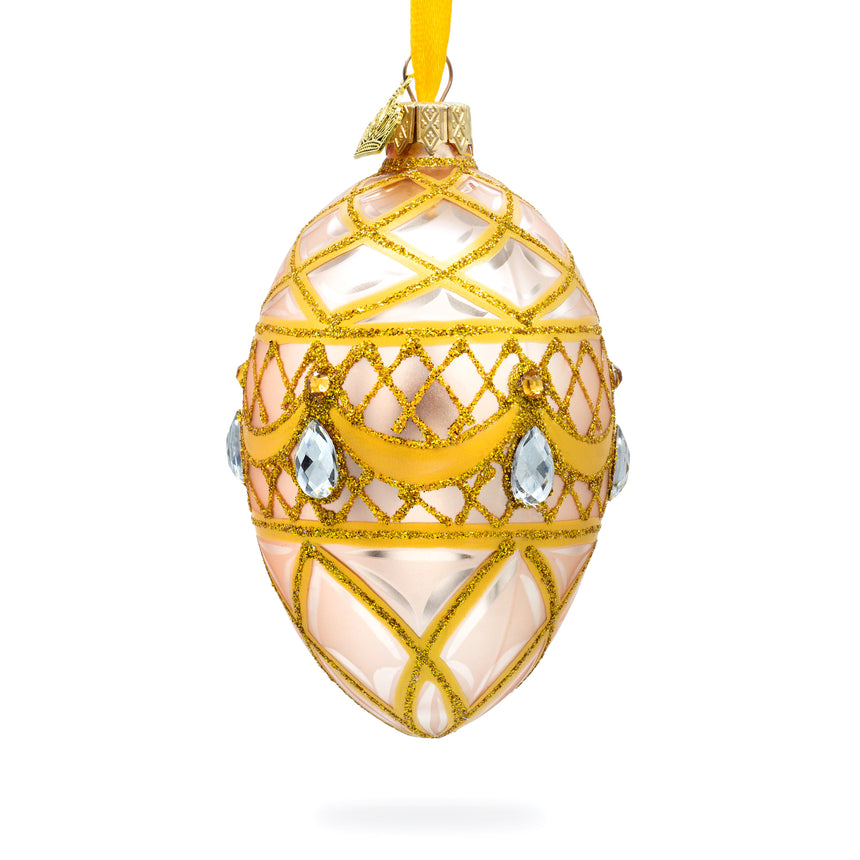 Glass Diamond Drops on Pink Glass Egg Ornament 4 Inches in Yellow color Oval