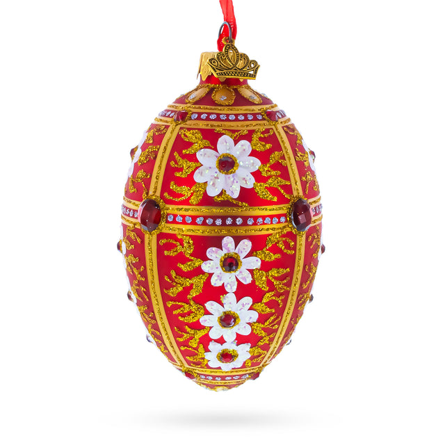 Glass White Flowers on Red and Gold Glass Egg Ornament 4 Inches in Red color Oval