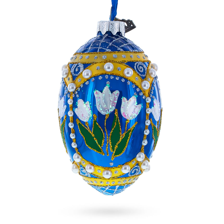 Glass Blue Flowers with Pearls and Glitter Glass Egg Ornament 4 Inches in Blue color Oval