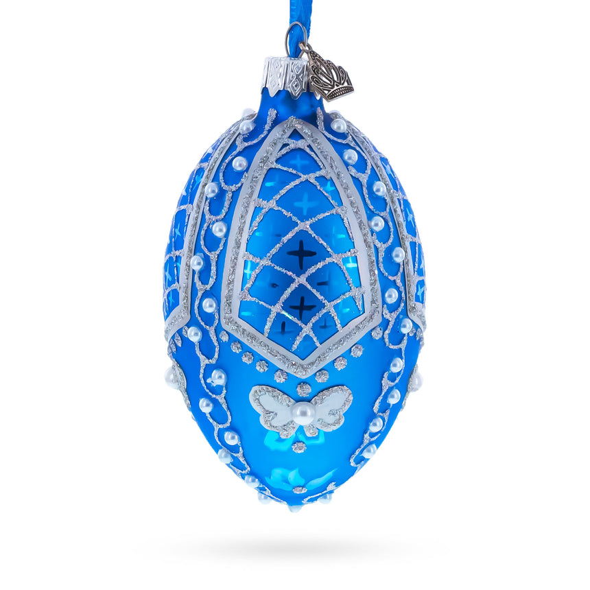 Glass Pearls on Blue Glass Egg Ornament 4 Inches in Blue color Oval