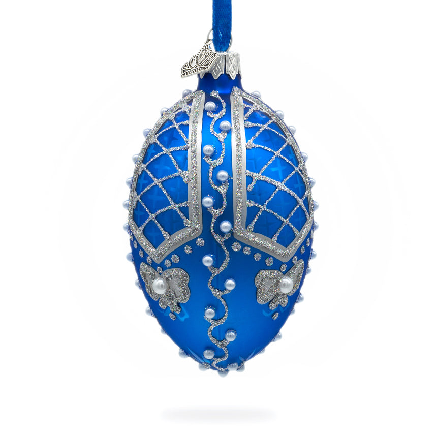 Glass Pearls on Blue Glass Egg Ornament 4 Inches in Blue color Oval